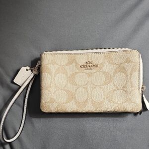 Coach Signature Beige Wristlet Clutch